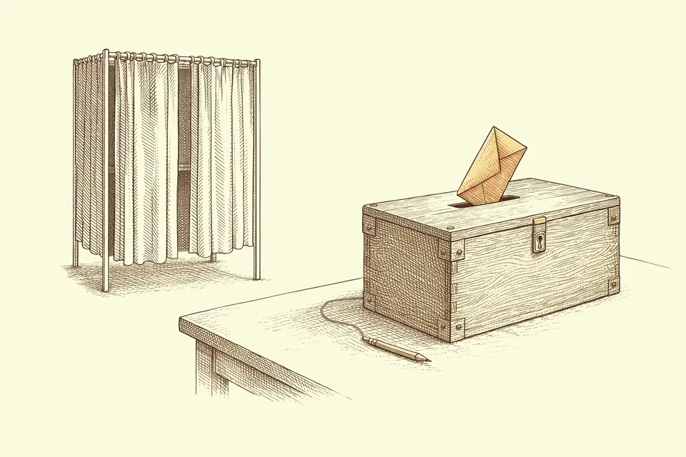 Engraved illustration of a curtained voting booth and a wooden ballot box with a ballot in the slot
