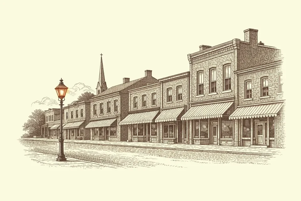 Engraved illustration of a street of heritage brick shopfronts with a lamp post