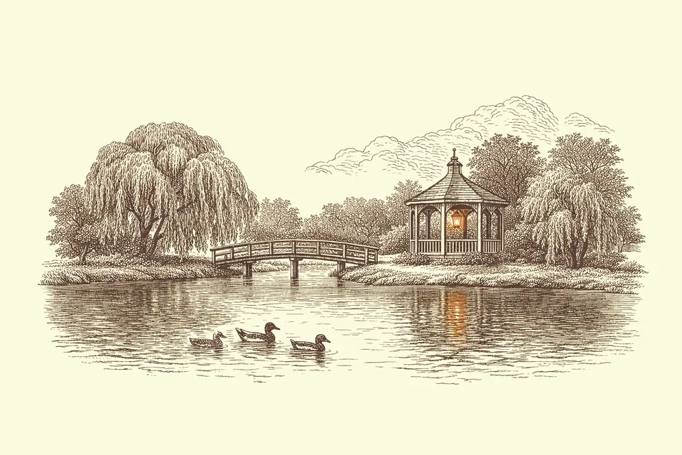 Engraved illustration of Mill Pond with willows, a footbridge, a gazebo and ducks