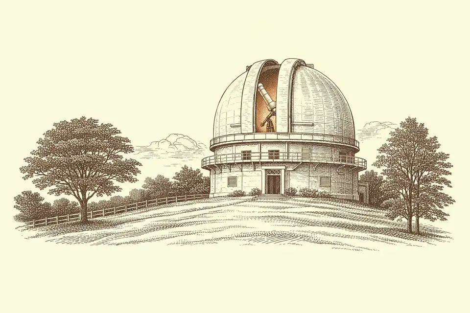 Engraving of the David Dunlap Observatory dome on a hill