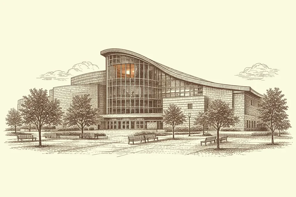 Engraved illustration of a performing arts centre with a curved glass facade and a tree-lined plaza